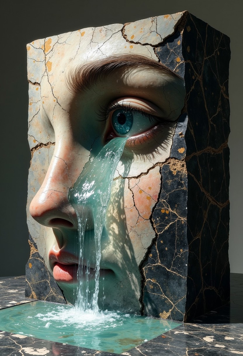 DB4RZ style painting cinematic photo a block of stone, into the surface of left half of the block has been carved a realistic beautiful woman's face, from the eye pours a waterfall to the marble table below the stone is covered in tiny cracks, the eye is a real photorealistic eye <lora:Flux-Marble:1> nero marquina marble . 35mm photograph, film, bokeh, professional, 4k, highly detailed