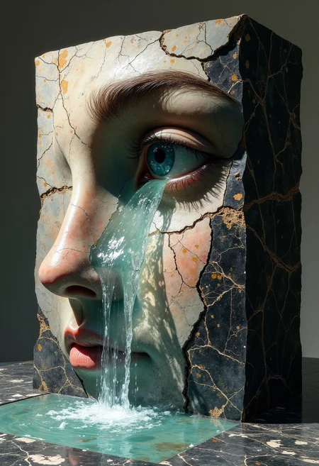 DB4RZ style painting cinematic photo a block of stone, into the surface of left half of the block has been carved a realistic beautiful woman's face, from the eye pours a waterfall to the marble table below the stone is covered in tiny cracks, the eye is a real photorealistic eye <lora:Flux-Marble:1> nero marquina marble . 35mm photograph, film, bokeh, professional, 4k, highly detailed
