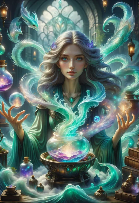 hyper detailed masterpiece, dynamic, awesome quality, a female clairvoyant brewing potion airy siren DonMM4g1cXL magic, <lora:DonMM4g1cXL_v1.2:1>, Perfect Hands, <lora:Perfect Hands:1>
