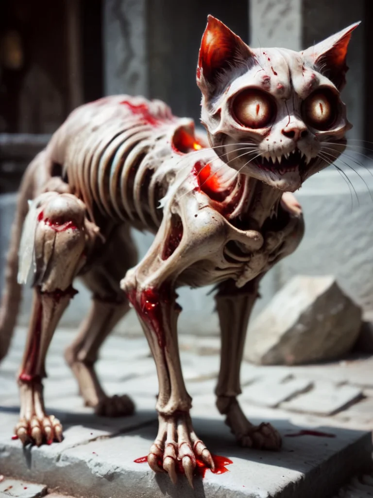 full body shot, skeleton cat looking for food, evil cat, dead cat, bloody open mouth, basement, bright sunlight, stone floor, zkeleton <lora:zkeleton-sdxl:1>