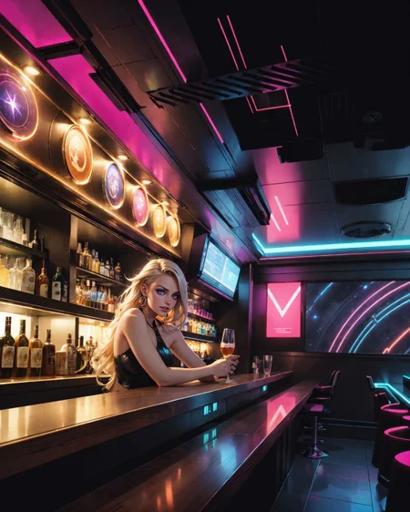 (Dutch angle:1.5), (style of Alex Prager), intergalactic bartender, sleek futuristic attire, textured metallic fabric, silver accents, cosmic neon lights around bar, curved polished countertop, reflective surfaces filled with exotic galactic drinks, crowd of aliens surrounding bartender, (diverse species:1.24), colors, textures, exaggerated features, elegant and rugged, space opera western aesthetic, blend of dusty desert undertones with futuristic shine, vast panoramic view of distant stars, planets, nebulae visible through expansive floor-to-ceiling window, lively scene, vibrant dim lighting, rich deep purples and blues contrasting with warm amber hints, bartender in charismatic stance, poised hand serving brightly colored drink, warm smiles, camaraderie, bustling space saloon atmosphere, dynamic composition, rule of thirds highlighting bartender, bold mood, energetic, retro futuristic style interior decoration, artist drawn by Akihiko Yoshida, yoji shinkawa, naoya tanaka