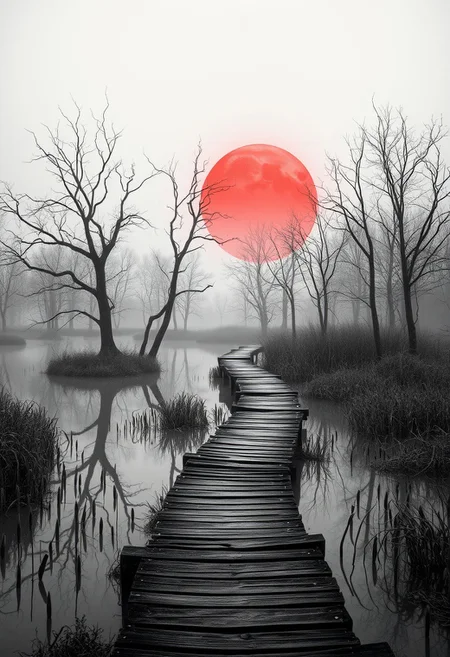 surreal landscape, winding wooden path, reflective water, leafless trees, overgrown reeds, large subtle red sun, pale sky, eerie atmosphere, black and white with red accent, dreamy scenery, misty background