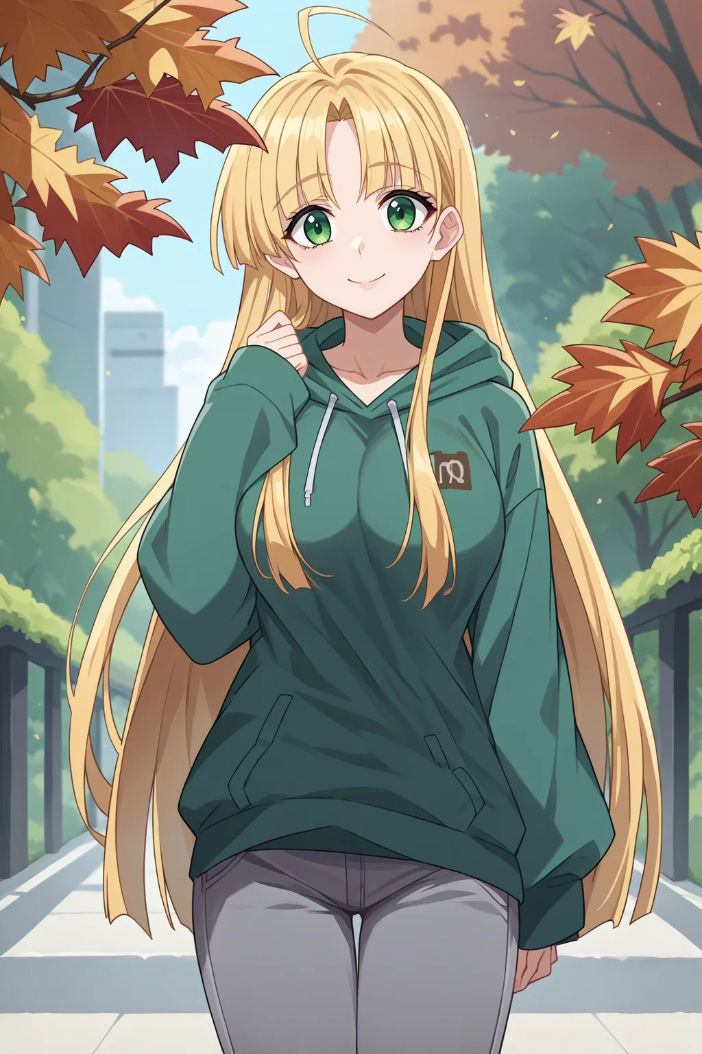 score_9, score_8_up, score_7_up, score_6_up, source_anime, 1girl, solo, <lora:asiaargento-pdxl-nvwls-v1-000005:1> dxdaa, blonde hair, very long hair, green eyes, ahoge, green hoodie, sleeves past wrists, grey pants, autumn, big breasts, smile, looking at you, anime coloring, anime screencap