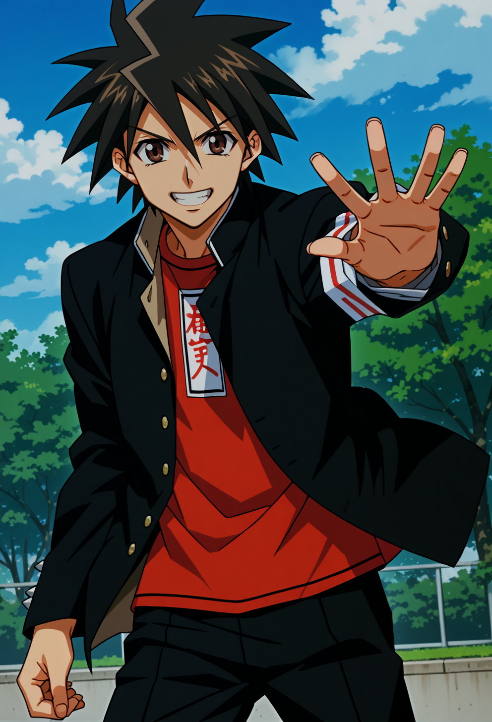 score_9, score_7_up, source_anime, BREAK <lora:AEKazuki:0.7> AEKazukiDef, brown eyes, black hair, spiked hair, gakuran, school uniform, black jacket, long sleeves, open jacket, armband, red shirt, black pants, foreshortening, reaching towards viewer, smile, twisted torso, blue sky,