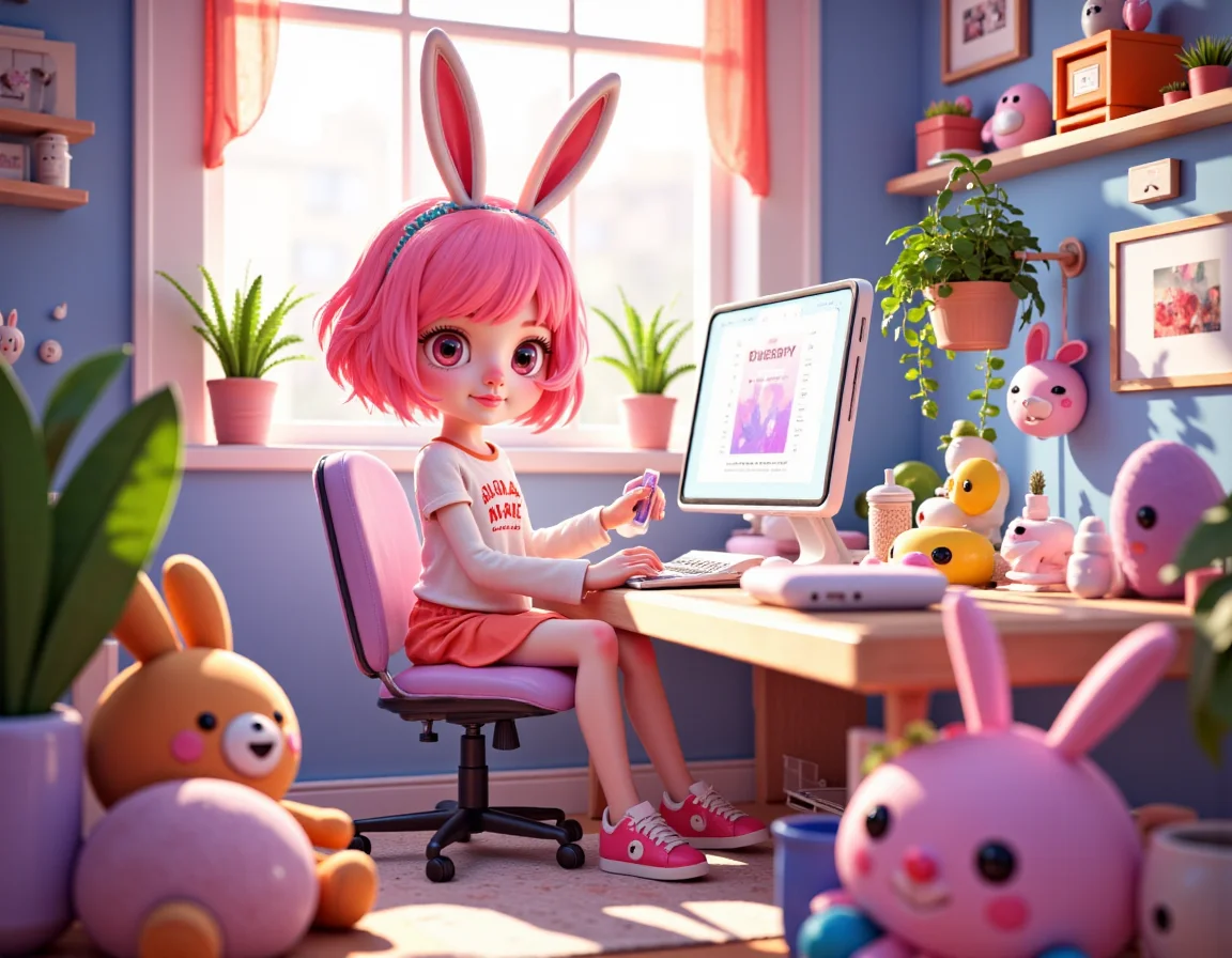 kawaii style Cute in front of his computer in her cozy and messy room, plants, plushies, unreal engine 5 render, gorgeous lighting, cute pastel hues, 8k render, realistic scenic render.
<lora:flux.1_lora_flyway_Epic-detail_v2:1.1> <lora:aidmaImageUpgrader:1.3> aidmaimageupgrader, max, details <lora:ImageUpgraderV2:1.3> detailmaximizer, max, details . cute, adorable, brightly colored, cheerful, ((anime influence)), highly detailed