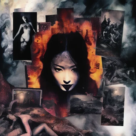 astrstica girl in hell among demons, dark atmosphere, collage, surrealism <lora:astrstica:1>