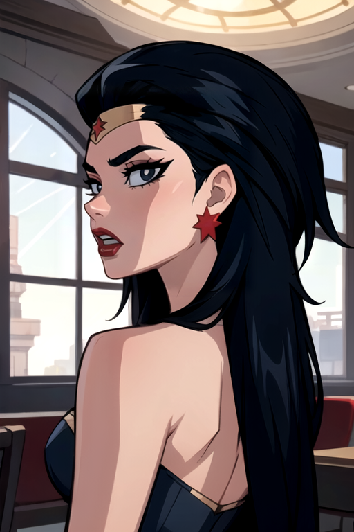 masterpiece,best quality,extreme detail,8k,<lora:wonder2:0.6>,wonderaction,1girl,solo,long hair,open mouth,black hair,jewelry,earrings,looking back,star (symbol),black eyes,window,tiara,portrait,red lips,star earrings,