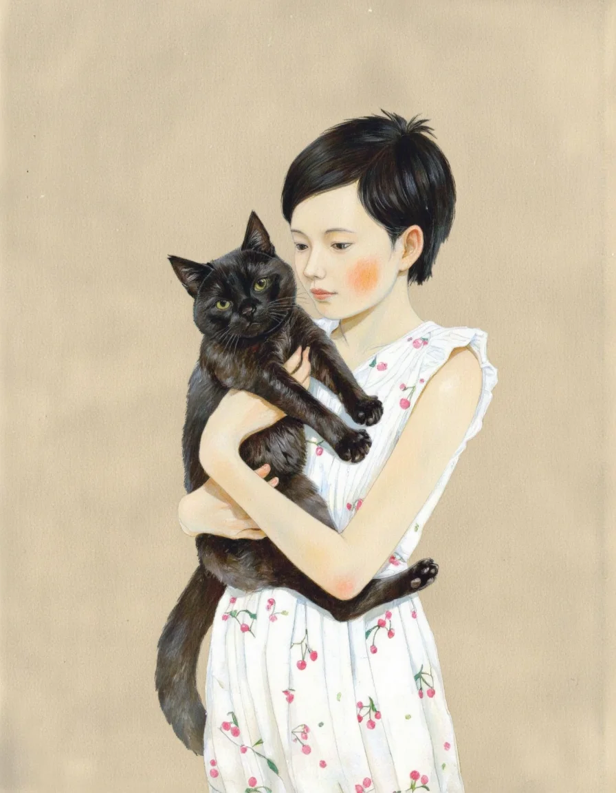 By Taiyo Matsumoto. A serene and intimate illustration of a girl holding a black cat. the girl, who appears to be in her early twenties, has short, black hair and is wearing a white dress with pink cherry patterns. she is standing in the middle of the image, holding the cat close to her chest with both hands, and has a gentle expression on her face. the cat is looking directly at the viewer with its green eyes, and its black fur is soft and fluffy. the background is a simple beige color, and the girl's white dress has a floral pattern. the drawing is done in a soft, pastel color palette, with a gentle, gentle texture that adds to the serene atmosphere. <lora:Taiyo_Matsumoto-000008:1>