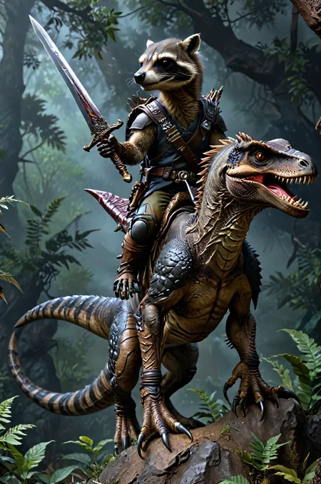 <lora:add-detail-xl:1.5> A racoon holding a sword riding a very realistic highly detailed velociraptor dinosaur, dinosaur rider, dark fantasy, hyper realistic, best quality, masterpiece, digital painting, highly detailed<lora:sdxl_lightning_8step_lora:1>