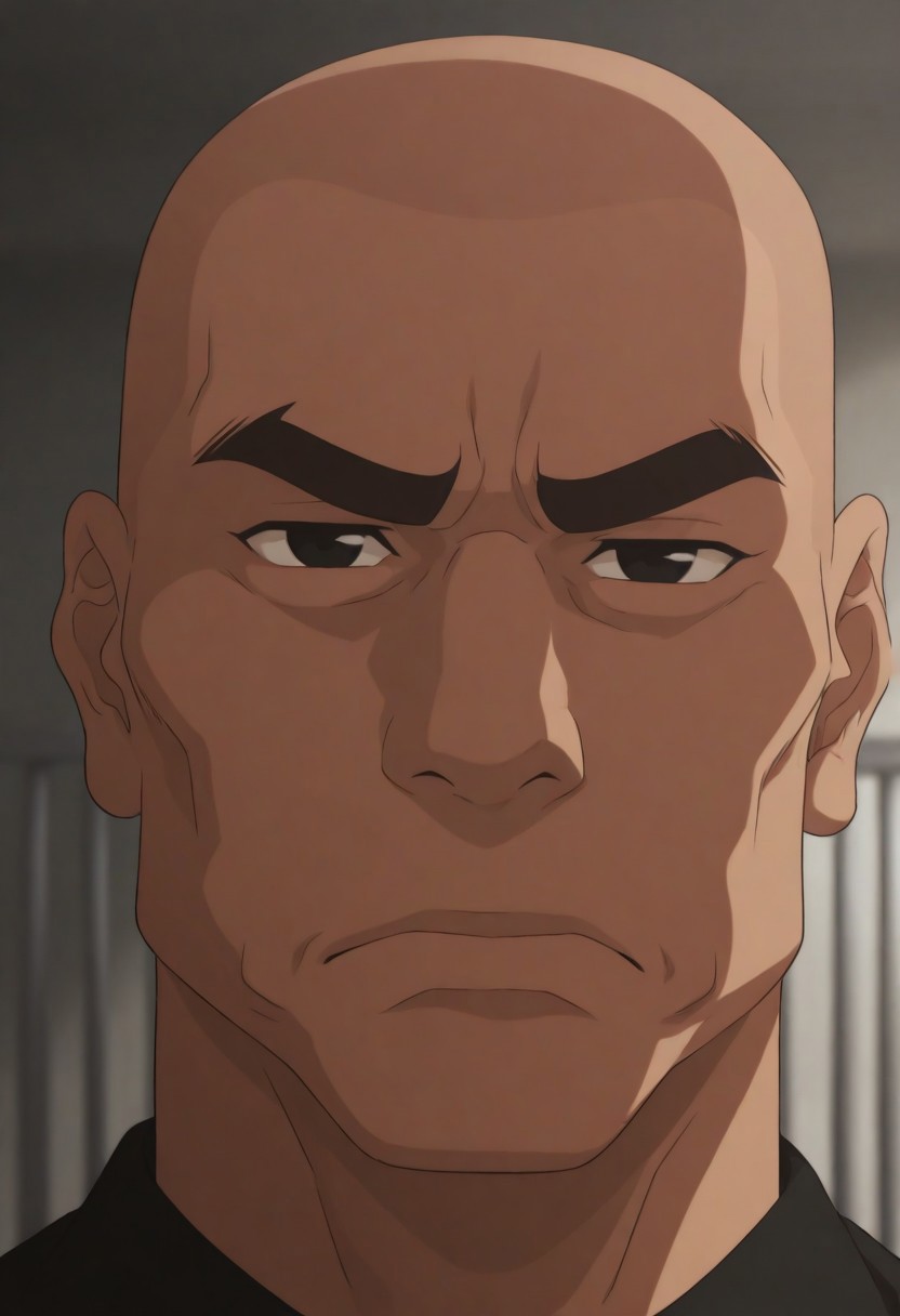 zahezahe, solo, looking at viewer, 1boy, closed mouth, upper body, male focus, outdoors, blurry, black eyes, blurry background, frown, thick eyebrows, portrait, close-up, serious, railing, bald, animification, anime coloring, indoors, meme, scene reference