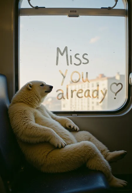 japanese culture style, chicken, breathtaking emotional photos, 35mm film, soft focus, a polar bear sleeping on a train seat, warm atmosphere, Visible Dust Particles Floating Indoors in Natural Sunlight from Afterglow, polaroid picture style, vintage colors, 1990s style, at the bottom frame there is handwritten text "Miss you already." a drawing on a fogged window glass depicting of heart shape
