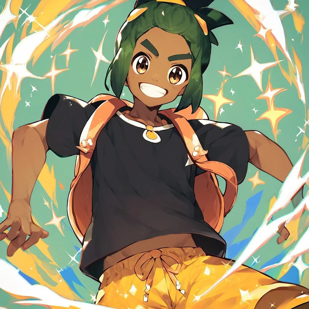 (masterpiece), score_9, score_8_up, score_7_up, score_6_up, score_5_up, score_4_up, 1boy, solo, Hau, green hair, short ponytail, dark skin, black shirt, yellow shorts, backpack, looking at viewer, grin, sparkles