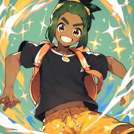 (masterpiece), score_9, score_8_up, score_7_up, score_6_up, score_5_up, score_4_up, 1boy, solo, Hau, green hair, short ponytail, dark skin, black shirt, yellow shorts, backpack, looking at viewer, grin, sparkles