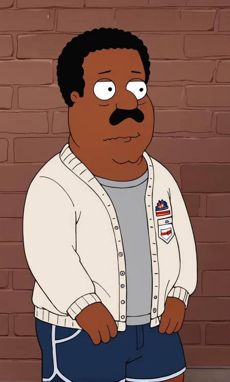Cleveland_Brown, FamilyGuy_Style, FamilyGuy_Style, score_9_up, score_8_up, score_7_up, score_6_up, 1boy, male focus, mustache, facial hair, dark-skinned male, dark skin, black hair, chubby, (leaning on object), (Platinum Gray)(Belted cardigan:1.2), (Auburn)(Lace shorts), (fall background:1.2), (look), (wavy mouth), <lora:FamilyGuy_Style-000014:1>