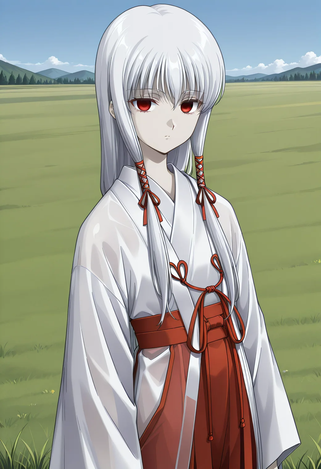kuon_mio, red eyes, white hair, long hair, hair ribbon, tress ribbon, pale skin, albino, japanese clothes, white kimono, red hakama, see-through, <lora:kuon_mio_illustrious_ver1:0.8>
empty eyes,, masterpiece, best quality, very aesthetic, absurdres,, general,, 1girl, solo, blue sky, (grasslands:1.2), looking at viewer,