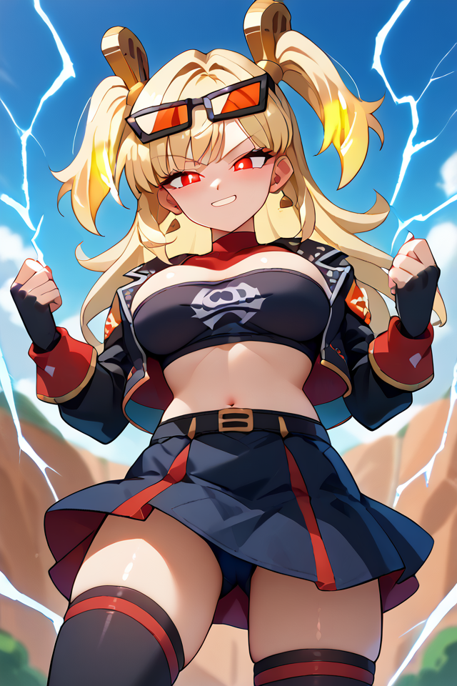 source_anime, Japanese art style, score_9, score_8_up, score_7_up, burnice white, zenless zone zero, perfect lighting, (best quality:1.2), high detail face, (detail eyes), absurdres, ultra detail face, (ultra detail eyes), ultra hd 32k, blush, blonde hair, red eyes, big eyes, long hair, two side up, hair hair ornament, eyewear on head, 1girl, solo, outdoors, outdoors background, street, cowboy shot, looking at you, black jacket, cropped jacket, long sleeves, fingerless gloves, black tube top, midriff, park, depth of field, blurry background, black skirt, black thighhighs, red thigh strap, standing, smile, happy, sexy, seductive smile, parted lips, natural big breasts, big breasts, upper body, (close-up), erotic, temptress, seducing, <lora:Burnice White ApexThunder Ai PonyXL-10:0.7>, dynamic pose, perfect body, sexy curves, seductive eyes, shiny skin, triangle headpiece, (super saiyan), (spiky hair), aura, <lora:super-saiyan-ponyxl-lora-nochekaiser:1>, (electricity on body:1.1), (fists),( sparking aura), flying in the ski, from below, glowing eyes, (glowing hair:1.4), <lora:Saiyan:0.8>, Saiyan,  <lora:Fluorescence_1.1:1>