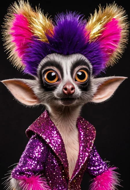 Create a humorous depiction of an Aye-Aye that is dressed as a drag queen. The Aye-Aye, a type of lemur with large, expressive eyes and long, slender fingers, is presented in a glamorous drag queen ensemble. Its fur is adorned in vibrant, shimmering colors like pink, purple, and gold, and it sports a sparkling, glittering hat that accentuates its wild and eccentric personality. Striking an elegant pose with a touch of theatrical flair, the Aye-Aye shines on stage, ready to charm the audience with its fabulous performance.