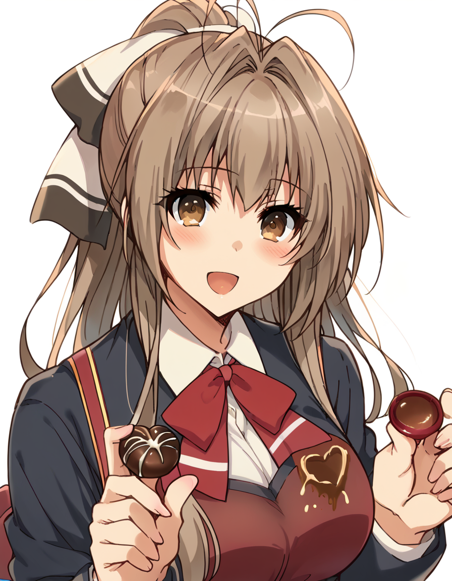 score_9, score_8_up, score_7_up, source_anime, <lora:isuzu-sento-s1-ponyxl-lora-nochekaiser:1>, isuzu sento, long hair, brown hair, bow, brown eyes, ponytail, hair intakes, antenna hair, large breasts, <lora:incoming-chocolate-ponyxl-lora-nochekaiser:1> incoming food, chocolate, holding, holding chocolate, holding food, food, looking at viewer, open mouth, blush, smile, school uniform,, ,