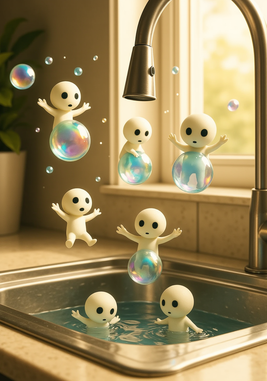 a gathering of tiny kodama floating playfully atop shimmering soap bubbles drifting above a kitchen sink, their glowing forms reflected in the iridescent surface of each bubble; some kodama balance carefully on top of the bubbles, arms spread wide for balance, while others ride within the translucent spheres, gazing outward with wide-eyed wonder; golden afternoon sunlight streams through a nearby window, catching rainbow hues on the bubble surfaces and glinting off the wet sinkâs chrome fixtures<lora:kodama_flux.safetensors:1.0:1.0>