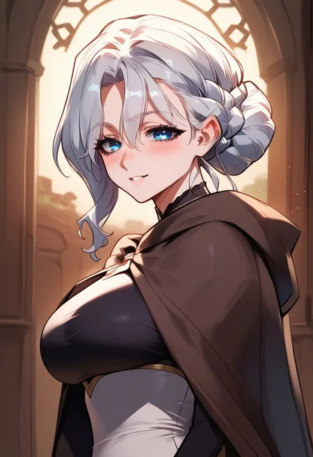 zPDXL2, score_9_up, score_8_up, score_7_up, (Anime_source), 1girl, ErinDanua, blue eyes, silver hair, bun hair, braid, Erin clothes, cowboy shot, looking at viewer, smile, parted lips, little blush, from side
