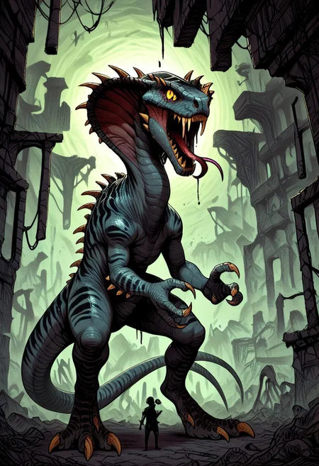 DonMC0m1cM4g1cXL, (dark, fantasy, magical, eerie) score_9, score_8_up, score_7_up, score_6_up, Vertigo_Primal, cobra, dinosaur, monster, colored sclera, reptile eyes, yellow eyes, gray skin, black stripes, stinger tail, spikes, claws, fangs, forked tongue, gigantic monster, , size difference, BREAK, small human, BREAK, backgroung, plain, ruins