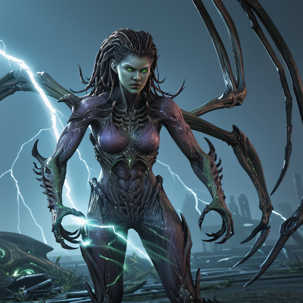 science fiction battle field, Kerrigan fighting agains a Zariman Warframe, futuristic style
BREAK
Kerrigan_Zerg, Alien woman, beautiful detailed face, glowing green eyes, bone wings, claw hands, green sparkling, green energy, lightning
BREAK
Zariman Warframe, strong mail alien, muscles, claws
BREAK
score_9, score_8_up, score_7_up, score_6_up, score_5_up, score_4_up, source_anime
 <lora:Zariman_PONY:0.75> <lora:Kerrigan_Zerg:0.75>