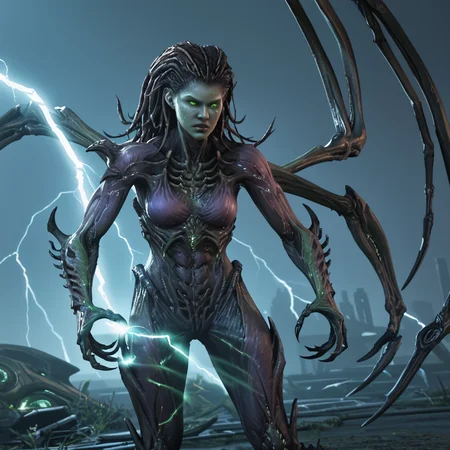 science fiction battle field, Kerrigan fighting agains a Zariman Warframe, futuristic style
BREAK
Kerrigan_Zerg, Alien woman, beautiful detailed face, glowing green eyes, bone wings, claw hands, green sparkling, green energy, lightning
BREAK
Zariman Warframe, strong mail alien, muscles, claws
BREAK
score_9, score_8_up, score_7_up, score_6_up, score_5_up, score_4_up, source_anime
 <lora:Zariman_PONY:0.75> <lora:Kerrigan_Zerg:0.75>