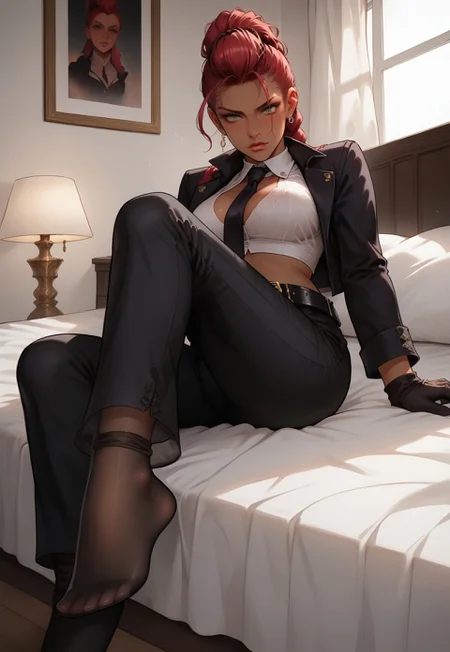 safe_pos, score_9, score_8_up, score_7_up, western cartoon, crimson viper, 1girl, (((dark-skinned female))), mature female, red hair, long hair, pompadour, single braid, green eyes, no eyewear, black jacket, necktie, necktie between breasts, open shirt, white shirt, crop top, navel, black gloves, belt, barefoot, (((black pants, black socks, transparent socks))), beautiful face, detailed face, volumetric lighting, dramatic lighting, g0thicPXL, fFaceDetail, high quality, masterpiece, sit on bed, bedroom, from below, full body