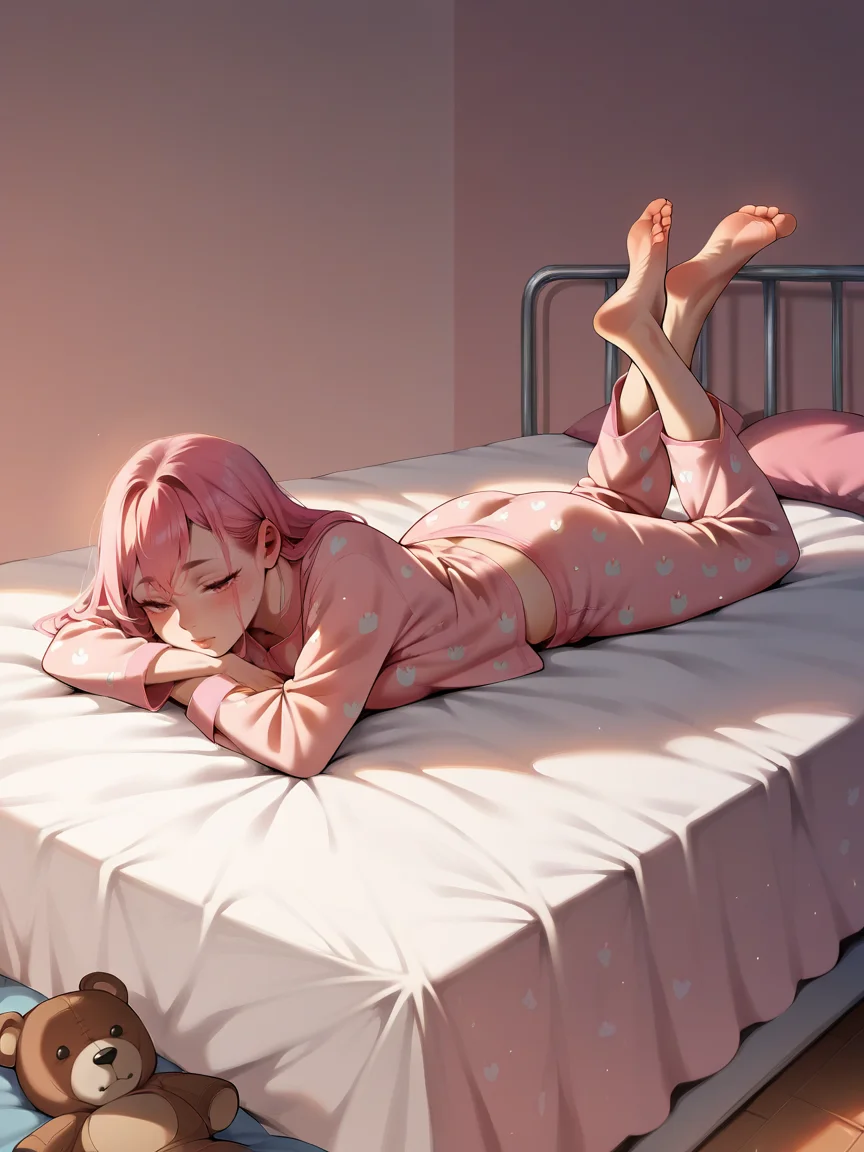 score_9, score_8_up, score_7_up, score_6_up, score_5_up, <lora:proneXLP:1> prone, on stomach, lying, the pose, pajamas, barefoot, curvy, teddy bear, bed, pink theme