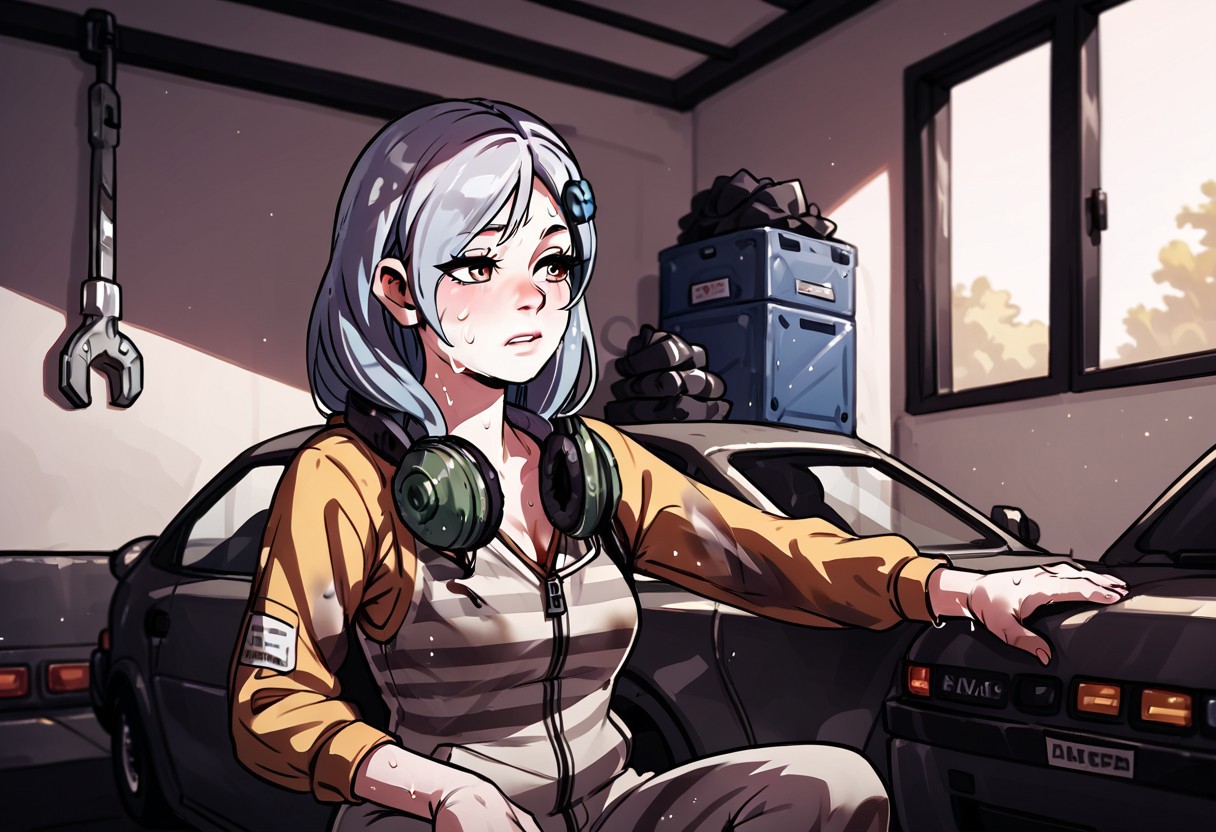 score_9_up, score_8_up, score_7_up, indoors, garage, detailed background, BREAK
sunnyMGR, solo, 1girl, jumpsuit, headphones on head, holding wrench, dirty, mechanic, sweat, sitting on car hood, wiping head, looking away