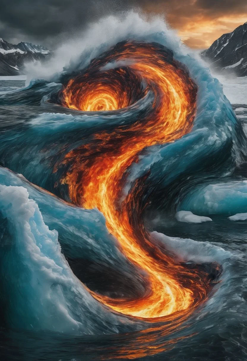 An awe-inspiring fire whirlpool in an icy sea, fire, water, vortex, glacier, cinematic, colorful, style-nebmagic