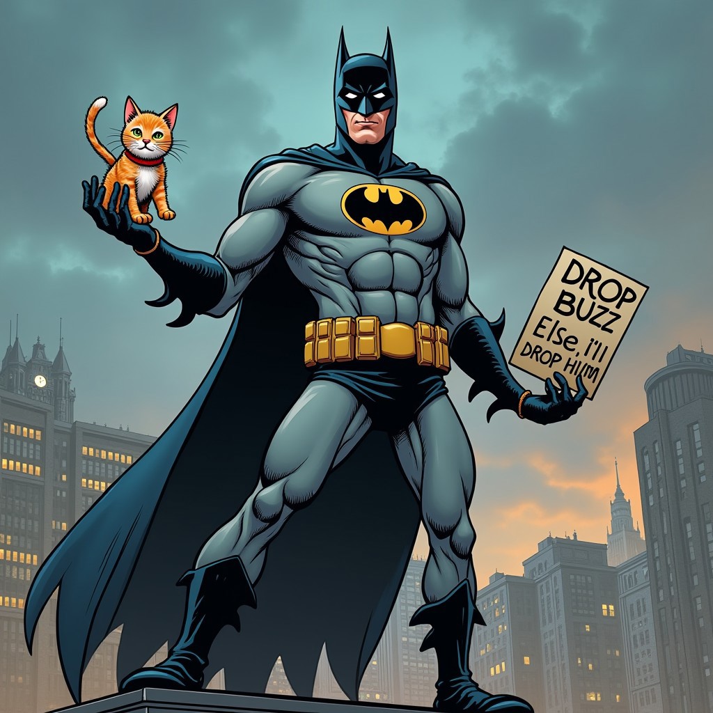 Jocker from batman, standing on top of a building, clif of a building, Gotham City, in one hand he is holding a cute kitten as if he is about to drop it, in the other hand he is holding a card with text on it, it is written DROP BUZZ, ELSE I'LL DROP HIM on the card