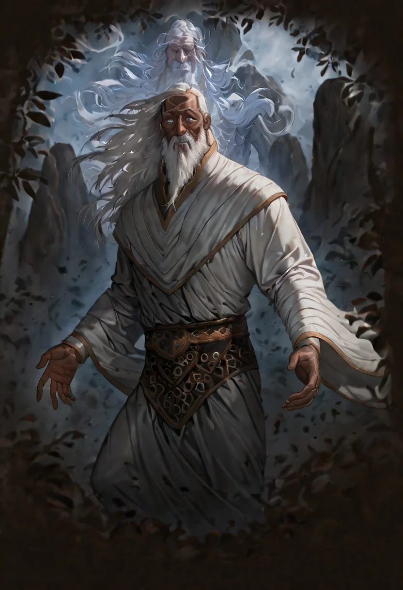 masterpiece, best quality, newest, absurdres, highres, POEAA-V1.1, 
1boy, dark skin, dark skinned male, white hair, long beard, long hair, monk, white robe, white eyes, blind eyes, wrinkles, wrinkled face, wrinkled, wrikly, old, mature, old man
