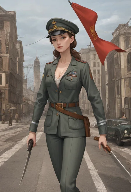 8k, anime illustration of a commissar girl in a leather jacket with a pistol, an unbuttoned shirt collar (round breasts, breasts together, cleavage) and a leather cap with a red star.
Location of the action: A town square in a Russian city during the Russian Civil War, circa 1918-1921.
Time of day: in the afternoon, warm sunlight casts soft shadows.
A Soviet-built building with a red banner and Soviet symbols (hammer and sickle) on the facade.
The building is designed in a classic Moscow style with ornate details that create a sense of historical authenticity.
Soldiers in Red Army uniforms standing at attention or moving purposefully.
Civilians in clothes appropriate to the era, some carrying goods, others gathered around, reflecting the social dynamics of the era.
A flagpole with a red flag waving in the wind symbolizes Soviet power.
Propaganda posters with slogans and images reflecting the spirit of the times are hung on the neighboring walls.
Military presence:
A military truck or light tank parked nearby adds realism to the military environment.
A cobbled street with a few scattered leaves indicating the changing seasons and the sense of place.
Dominant colors: earthy tones for buildings, muted greens and grays for the street.
Accent colors: Red flags and the Commissioner's red star create vibrant colors, drawing attention to her authority.
Lighting: Warm golden sunlight illuminates the stage, creating depth and emphasizing the commissioner's presence.