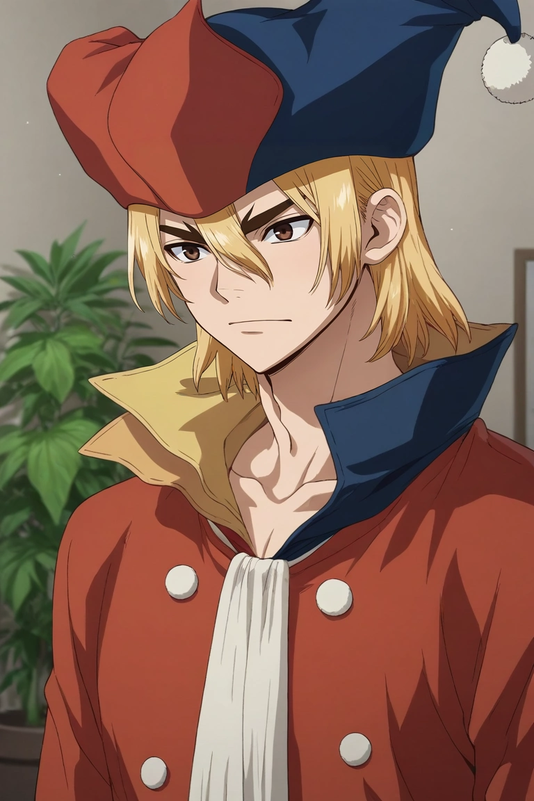 score_9, score_8_up, score_7_up, source_anime, rating_safe, , (photorealistic:0.6), , depth of field, 1boy, solo, male focus, <lora:ryuusui_nanami_pony:0.76>, ryuusui_nanami, blonde hair, brown eyes, hair between eyes, hat, focused, living room, plant, dark, twisted torso, squinting, jester costume, <lora:sdxl_lightning_8step_lora:1>