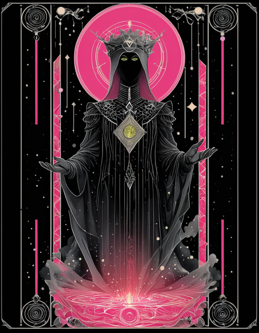 <lora:artfullyTAROT1LINE_SDXL_V1:1>,the front of an old card,tarot,tarot card,the magician,((1 line 1 color)),calligraphy,minimal,geometric,(2 colors total),lime,pink,black)) background,marker,((fine liner),masterpiece)),detailed,intricate,best quality,absurd resolution,tl4,sharp crisp ines,masterwork by artisan calligrapher,lines flow from one aspect to another,neon pink,nen liume,obsidian,ivory,vantablack,(((1 line ))) illustration,masterpiece,absurd resolution,vibrant colorstory,high contrast,holographic,