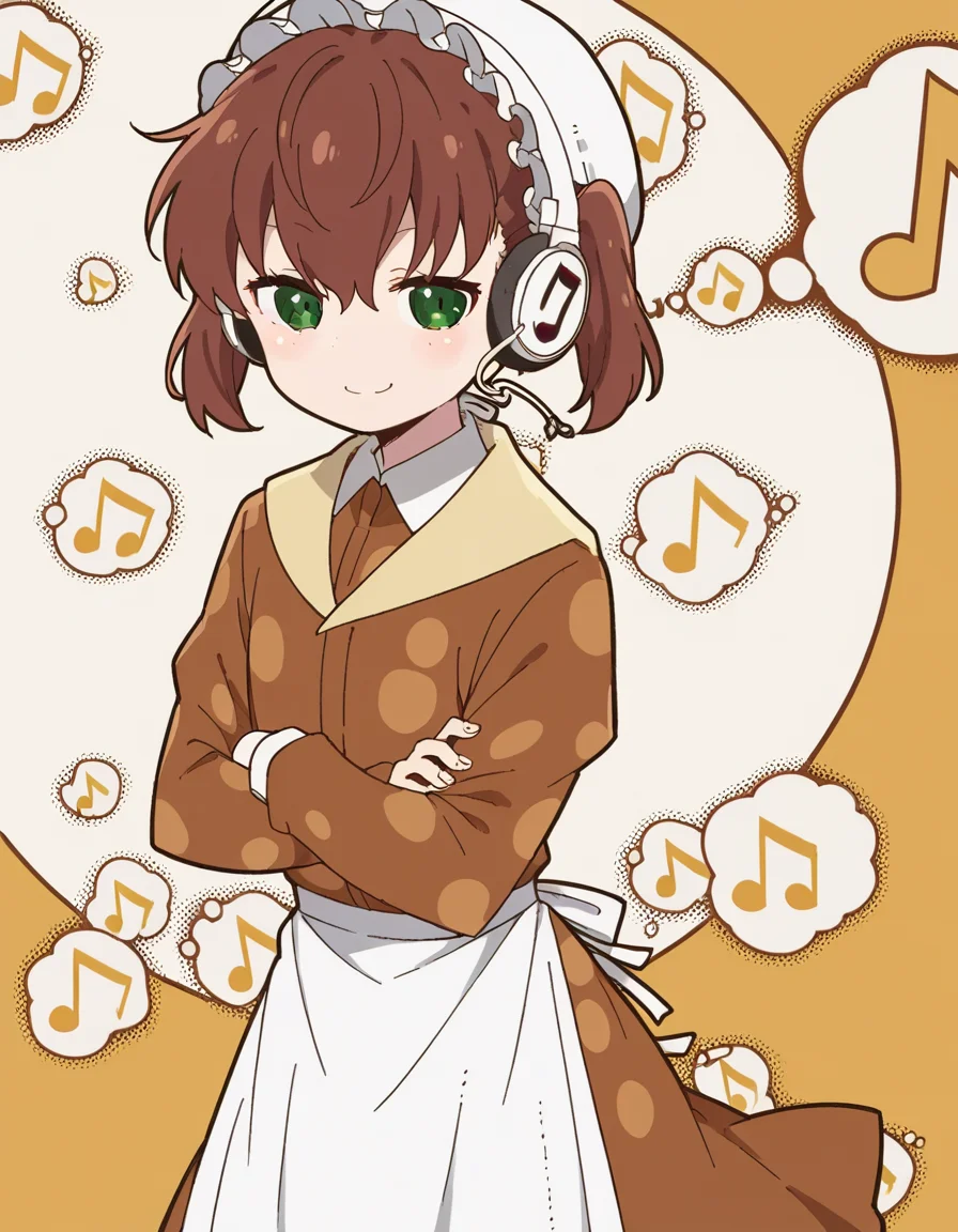 score_9, score_8_up, score_7_up, source_anime, <lora:nae-saikawa-s2-ponyxl-lora-nochekaiser:1>, nae saikawa, bangs, brown hair, hair between eyes, twintails, green eyes,, skirt, shirt, long sleeves, hat, collared shirt, apron, white headwear, polka dot, waist apron, white apron, frilled apron, brown shirt,, music store, browsing records, headphones, vinyl collection, nostalgic, smile, looking at viewer, crossed arms, smug, solo,, dutch angle,
