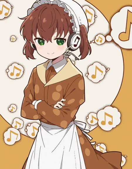 score_9, score_8_up, score_7_up, source_anime, <lora:nae-saikawa-s2-ponyxl-lora-nochekaiser:1>, nae saikawa, bangs, brown hair, hair between eyes, twintails, green eyes,, skirt, shirt, long sleeves, hat, collared shirt, apron, white headwear, polka dot, waist apron, white apron, frilled apron, brown shirt,, music store, browsing records, headphones, vinyl collection, nostalgic, smile, looking at viewer, crossed arms, smug, solo,, dutch angle,