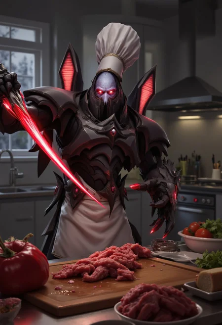 Picture of Alarak, a mouthless protoss alien in his iconic armor, two red lights coming from his back, he's in a kitchen and wearing a white apron and a chef's hat, using his red psionic blade to cut some meat