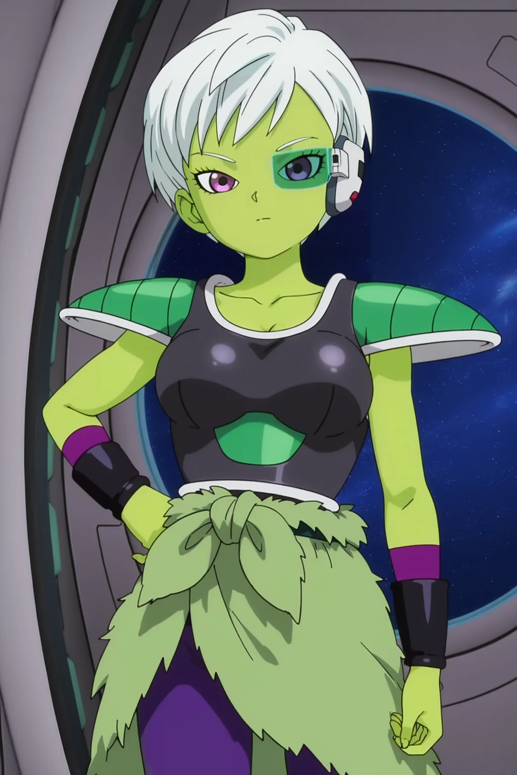 anime screencap, absurdres, high quality, official style,
cheelai, 3d animation, broly armor, 1girl, solo, breasts, looking at viewer, short hair, medium breasts, closed mouth, purple eyes, white hair, colored skin, green skin, scouter, collarbone, shoulder armor, two tone topwear, saiyan armor, bracer, two tone armwear, pantyhose, purple legwear, green pelt, hand on hip, spacecraft interior, window, space, cowboy shot
<lora:Cheelai_IL:0.8>