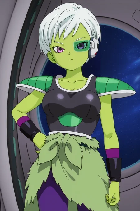 anime screencap, absurdres, high quality, official style,
cheelai, 3d animation, broly armor, 1girl, solo, breasts, looking at viewer, short hair, medium breasts, closed mouth, purple eyes, white hair, colored skin, green skin, scouter, collarbone, shoulder armor, two tone topwear, saiyan armor, bracer, two tone armwear, pantyhose, purple legwear, green pelt, hand on hip, spacecraft interior, window, space, cowboy shot
<lora:Cheelai_IL:0.8>