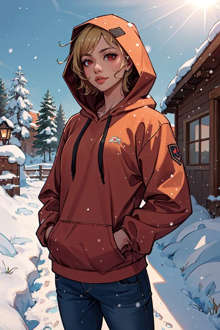 (masterpiece,best quality,absurdres,beautiful,aesthetic,detailed),outside,snow,sunlight,1girl,cowboy shot,head on,epfecitrinne,wearing hoodie,hood up,hands in pockets <lora:EPfeCitrinne:0.8>