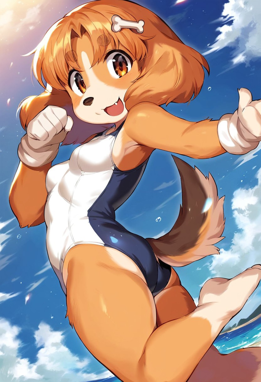 Solo, 1girl, female, young, small body, shortstack, cute face, furry, dog ears, dog tail, dog girl, small breasts, body fur, bone hair ornament, brown hair, brown eyes, animal nose, bangs, thick eyebrows, short hair, detailed eyes, detailed skin, detailed eyes, perfect face, happy, mouth wide open, big smile, BREAK one-piece swimsuit,  BREAK jumping, beach, outdoors, colorful, looking at viewer, dutch angle, fromt side view, BREAK ((ultra-detailed)), ((best quality)), ((best quality)), ((beautiful eyes)), ((extremely detailed)), 4K, (8K), best quality, (beautiful), Master piece, highres, score_9, score_8_up, score_7_up, score_6_up, score_5_up, score_4_up, colorful, best quality, official art, highres, masterpiece, nai3, god light, detailed background, high quality background,