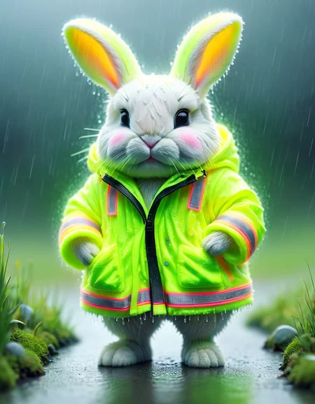 tilt-shift photo of selective focus, miniature effect, blurred background, highly detailed, vibrant, perspective control, natural Tilt Shot (Whimsically artistic) , adorable extra (fluffy: 1.3) chubby miniature bunny wearing an ral-highvis rain coat, wet grassland, tiny rocks, magical, macro photography, (enchanting:1.3), (luminous:1.2), (oversized flora:1.1), mystical, vibrant photography, shimmering light, dreamy, whimsical, serene, soft-focus, hyper-detailed digital art, rain, clouds, sad bunny face <lora:ral-highvis-sdxl:1>