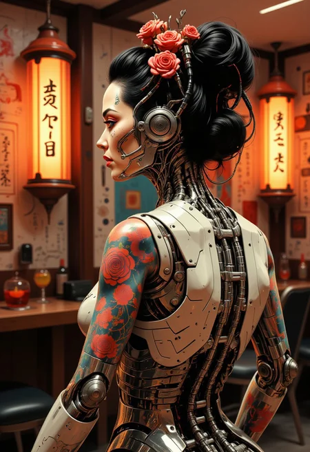 photo of a full body geisha cyborg woman cc_cyborg with a detailed spin and cybernetic limbs. The image features a tattooed geisha android fflix-geisha seated and facing left. The android’s skin is adorned with intricate floral tattoos in vibrant reds, blues, and oranges, covering the shoulders, back, and arms. The android has an elaborate updo hairstyle decorated with red flowers, complementing the tattoo colors. The background is warmly lit with vintage-style lanterns, creating a cozy ambiance. (Fujicolor Superia X-TRA 400), (Light tracing), and (Dramatic lighting). Light and shadow by reij-snrs. Masterpiece, is pretty, best quality, high-res, extremely clear 8k wallpaper. HDR lighting, dramatic cinematic composition, UHD resolution, realistic texturing, advanced rendering techniques, and meticulous post-processing. In the eldoria style, no humans, tbh183