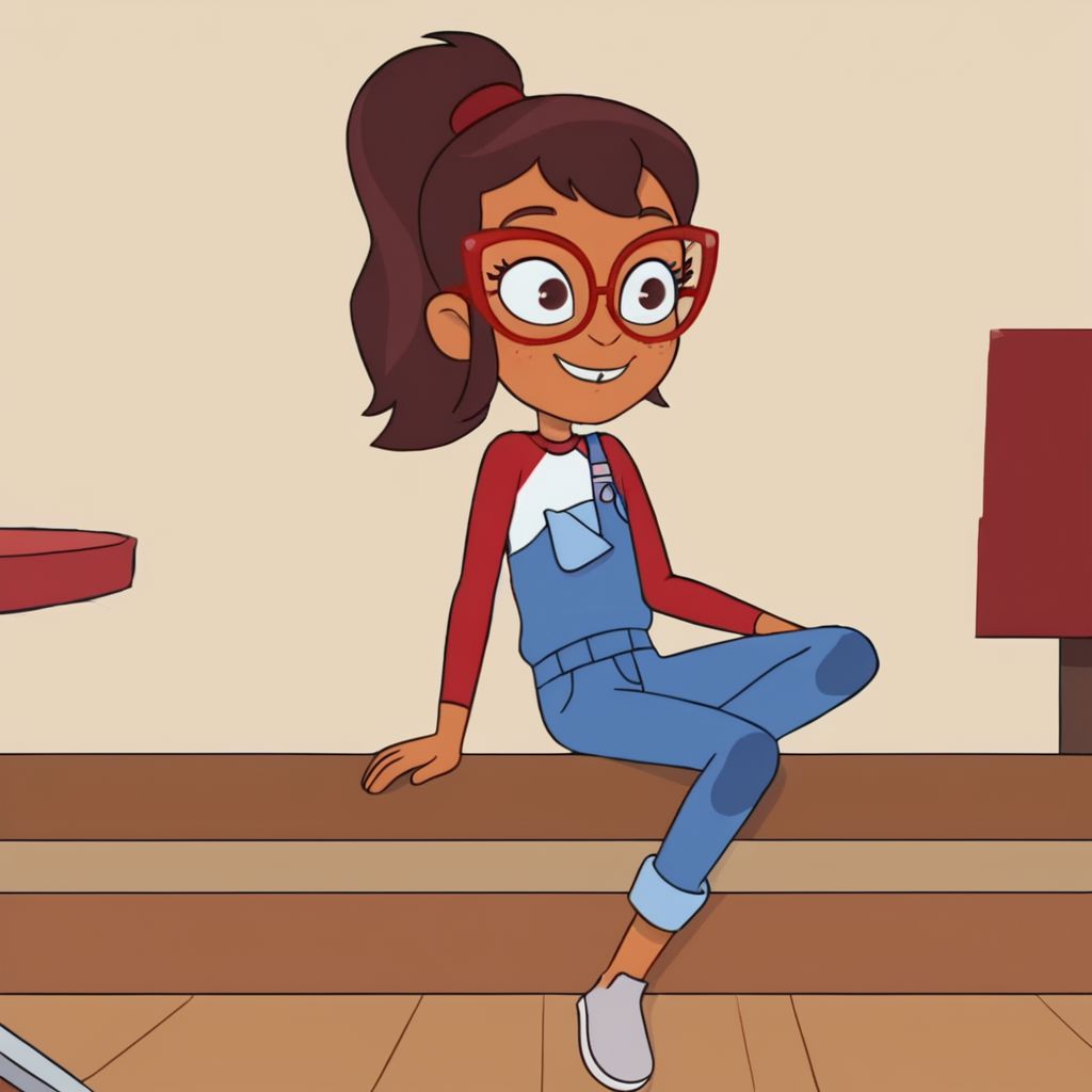 Hailey banks, 1girl, solo, young, slender, tan skin, full body, smile, red and white shirt, long sleeves, blue overalls, one shoulder strap, brown hair, sidelocks, ponytail, glasses, red glasses, sitting, indoors, chair