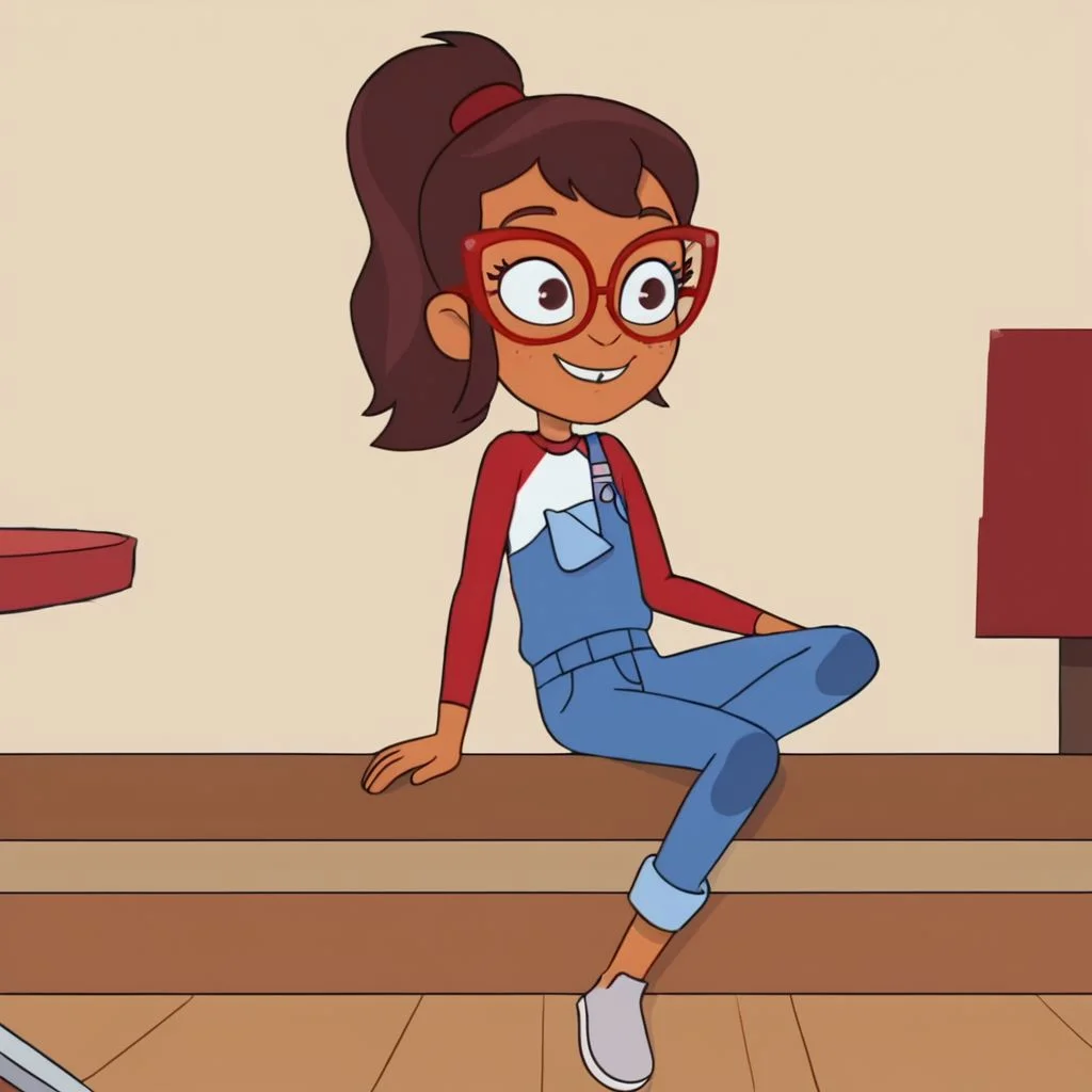 Hailey banks, 1girl, solo, young, slender, tan skin, full body, smile, red and white shirt, long sleeves, blue overalls, one shoulder strap, brown hair, sidelocks, ponytail, glasses, red glasses, sitting, indoors, chair