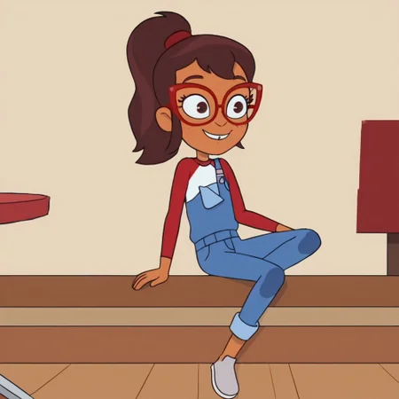 Hailey banks, 1girl, solo, young, slender, tan skin, full body, smile, red and white shirt, long sleeves, blue overalls, one shoulder strap, brown hair, sidelocks, ponytail, glasses, red glasses, sitting, indoors, chair
