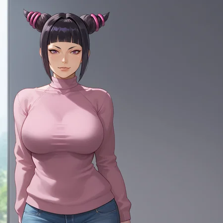 <lora:jurihan_pony_v1:.7>jurihan, 1girl, han juri, hair horns, black hair, large breasts, toned,  purple eyes, nail polish, blunt bangs, cowboy shot, sweater, jeans