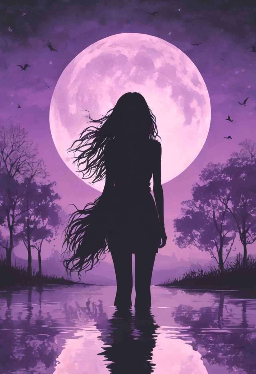 a pitch black setting with a (silhoutte) of a beautiful long haired girl lit up by a purple hue, magical, silhouette, purple theme, purple skies, tree silhouette, eyes closed, ephemeral, reflection, moon <lora:sdxl\add -detail-xl> <lora:sdxl\xl_more_art-full_v1>, small body, petite body, Skinny body